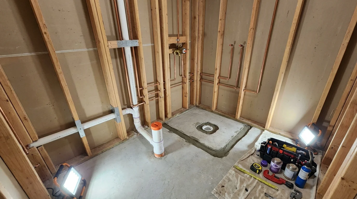 Bathroom rough-in plumbing during remodel by Johns Plumbing LLC in Lambert