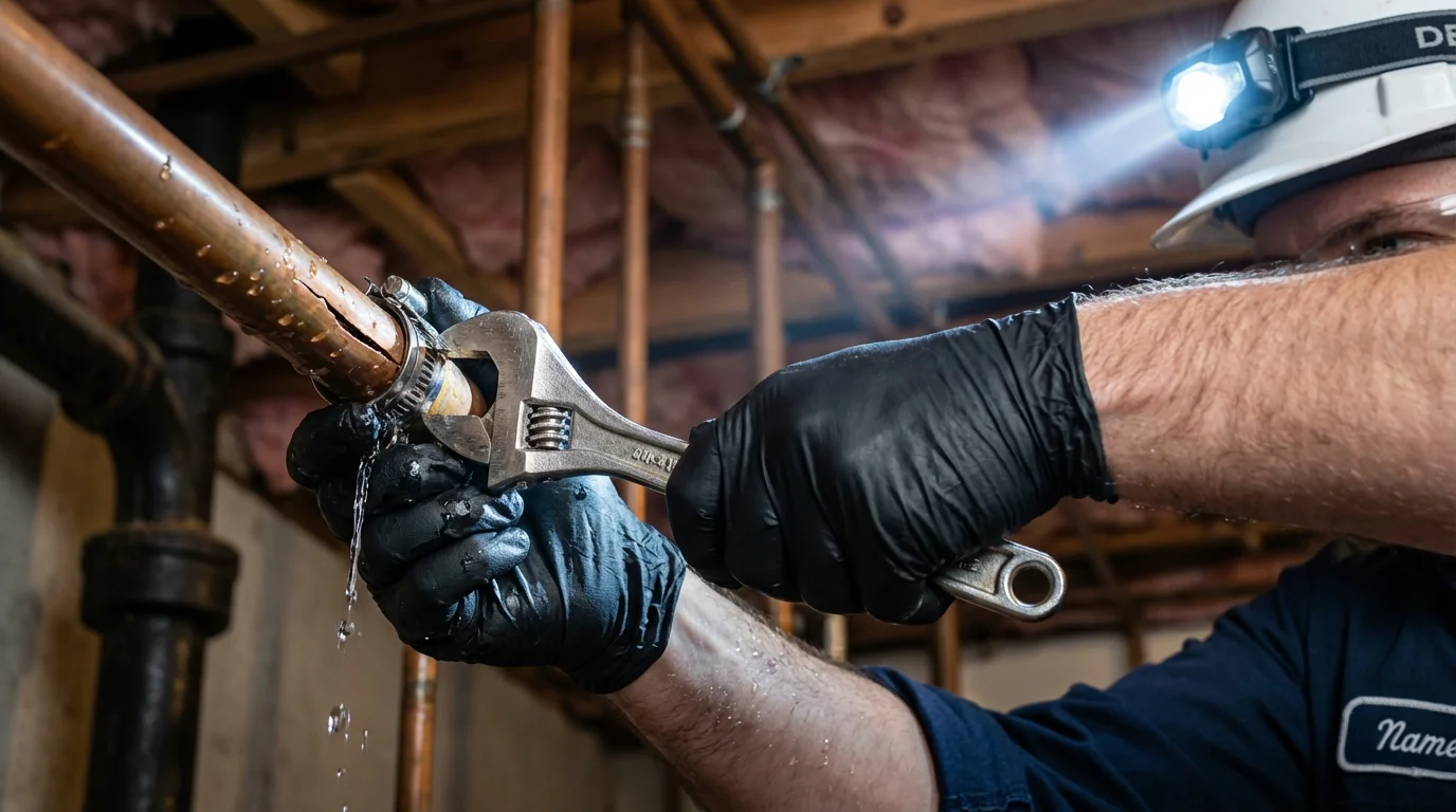 Emergency pipe clamp repair being performed by a Johns Plumbing LLC plumber in Lambert