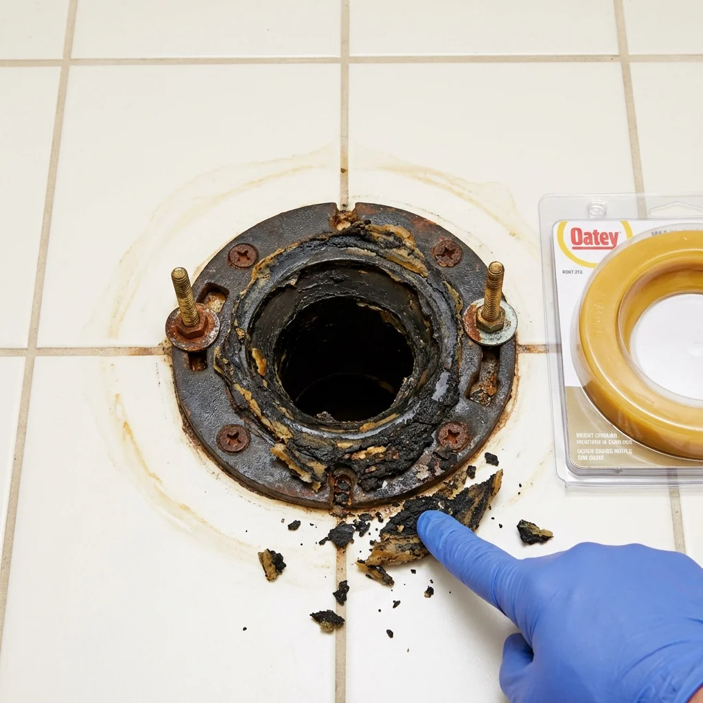 Failed wax ring showing water seepage at the base of a toilet in a Lambert, MS home