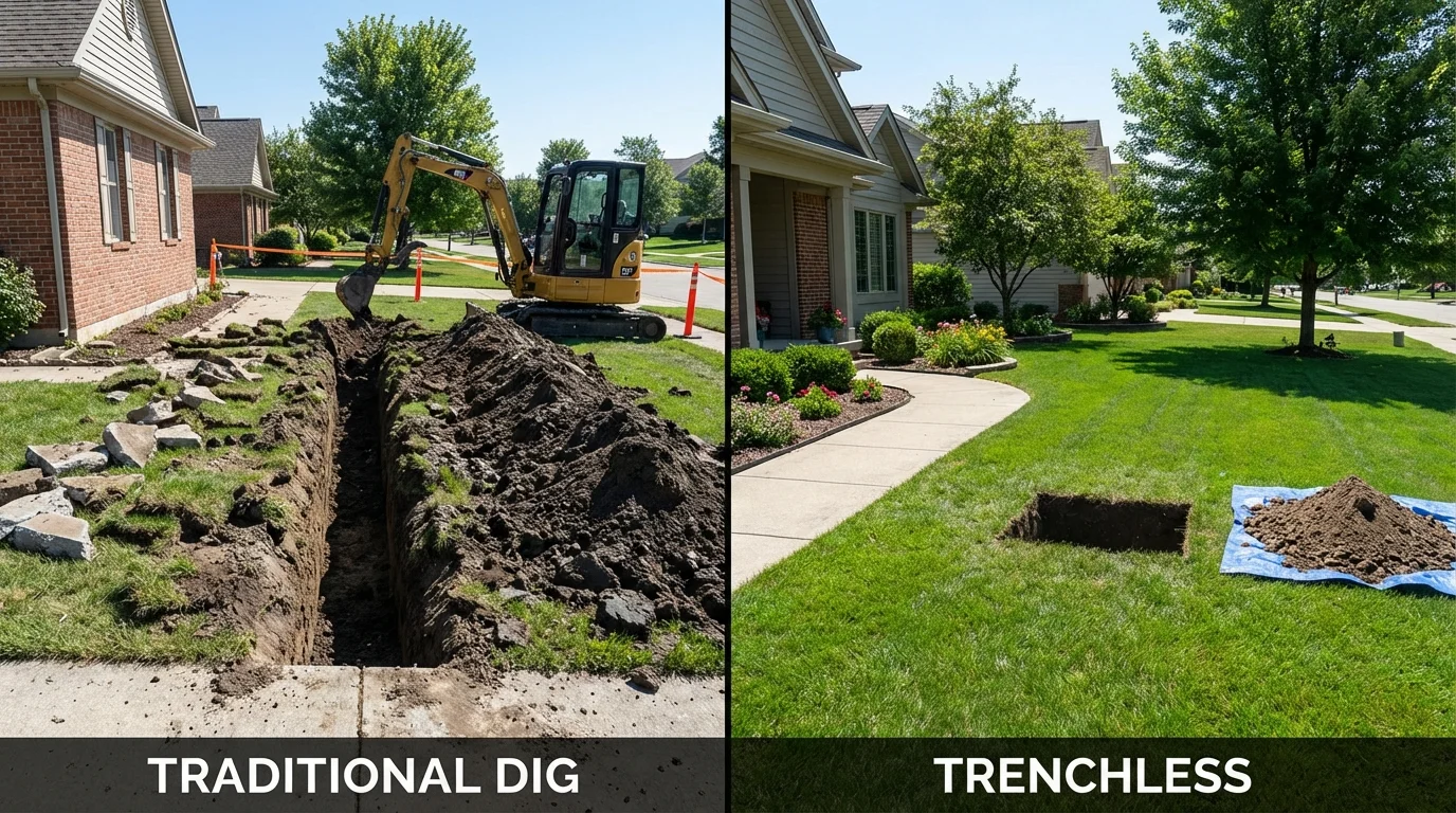 Trenchless sewer repair with minimal yard damage versus traditional excavation in Lambert, MS