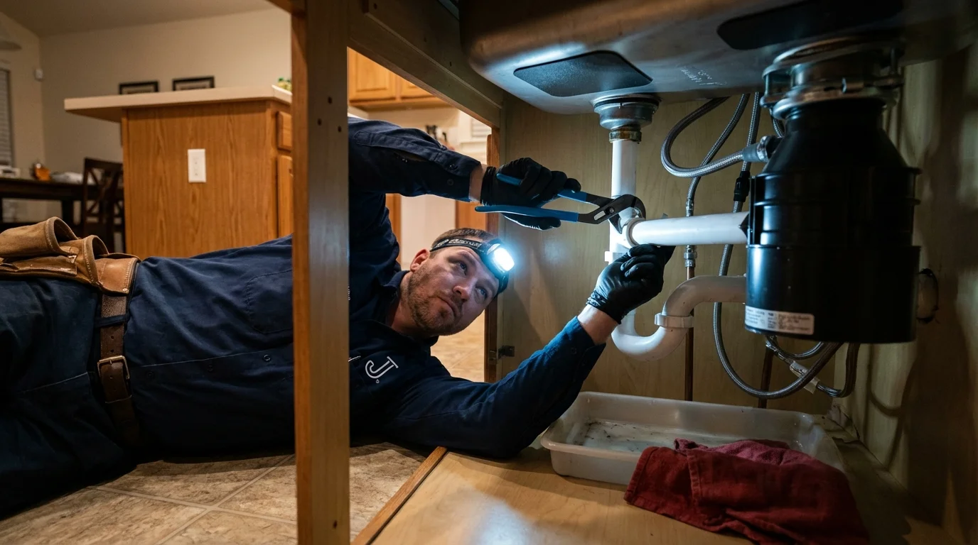 P-trap and supply line connections under a kitchen sink showing a common leak point in Lambert, MS